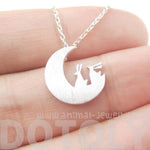 Bunny Rabbit on the Moon Silhouette Shaped Pendant Necklace in Silver | Animal Jewelry | DOTOLY