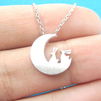 Bunny Rabbit on the Moon Silhouette Shaped Pendant Necklace in Silver | Animal Jewelry | DOTOLY