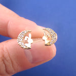 Bunny Rabbits on A Crescent Moon Shaped Sterling Silver Stud Earrings