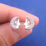 Bunny Rabbits on A Crescent Moon Shaped Sterling Silver Stud Earrings