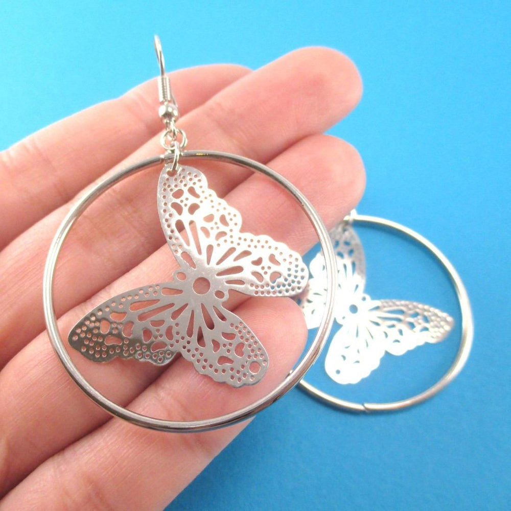 Butterfly Filigree Cut Out Hoop Drop Earrings in Silver | DOTOLY | DOTOLY