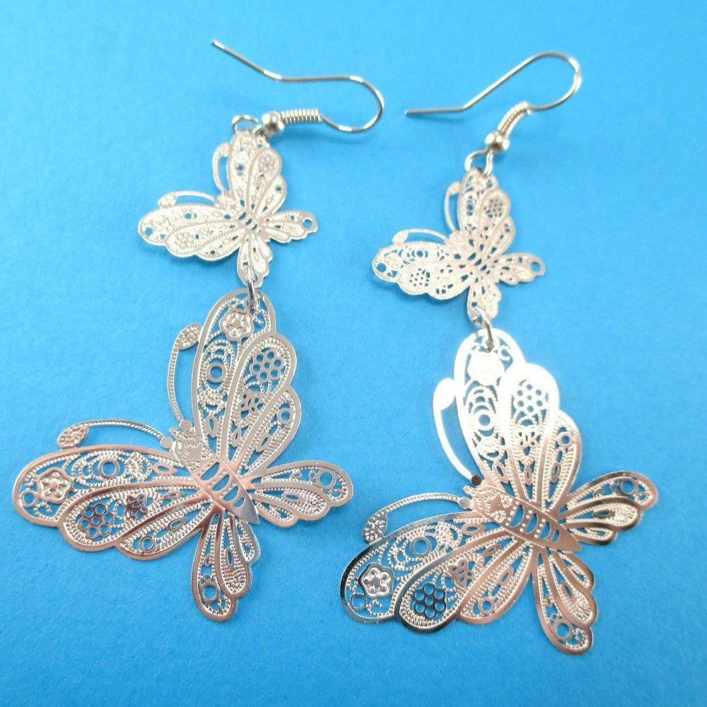 Butterfly Filigree Shaped Tiered Dangle Earrings in Silver | DOTOLY | DOTOLY