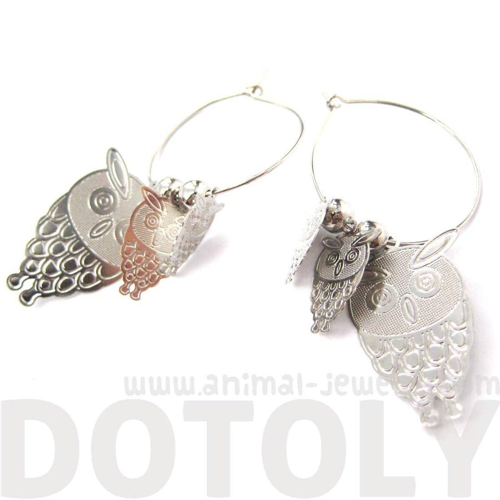 Cartoon Owl Shaped Dangle Hoop Earrings in Silver | Animal Jewelry | DOTOLY