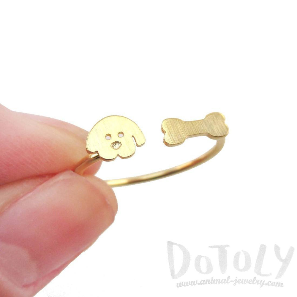 Cartoon Puppy Dog Face and Bone Shaped Adjustable Ring in Gold | DOTOLY | DOTOLY