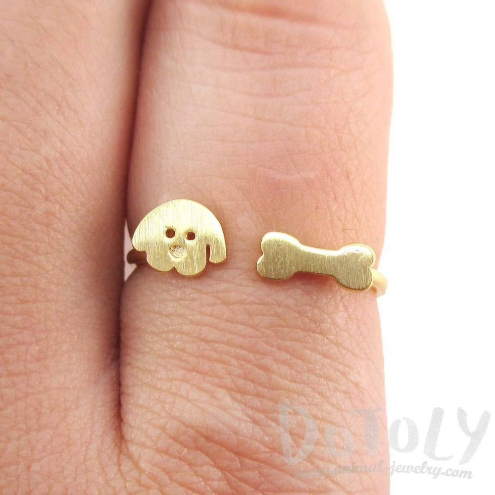 Cartoon Puppy Dog Face and Bone Shaped Adjustable Ring in Gold | DOTOLY | DOTOLY