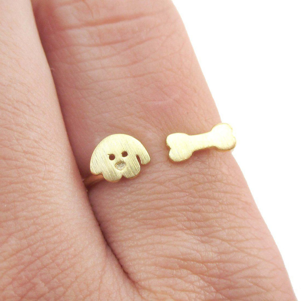 Cartoon Puppy Dog Face and Bone Shaped Adjustable Ring in Gold | DOTOLY | DOTOLY