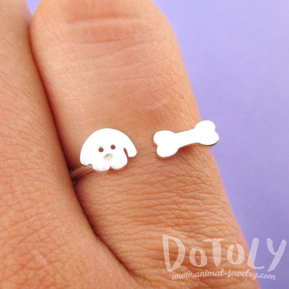 Cartoon Puppy Dog Face and Bone Shaped Adjustable Ring in Silver | DOTOLY | DOTOLY