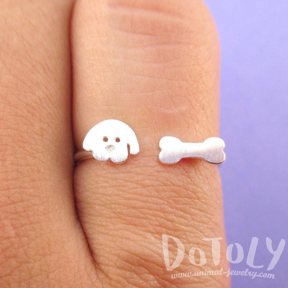 Cartoon Puppy Dog Face and Bone Shaped Adjustable Ring in Silver | DOTOLY | DOTOLY
