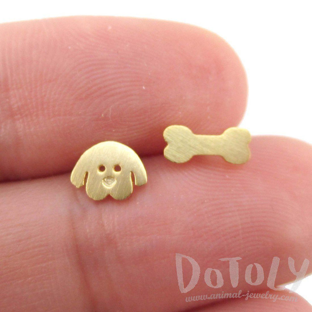 Cartoon Puppy Dog Face and Bone Shaped Stud Earrings in Gold | DOTOLY | DOTOLY
