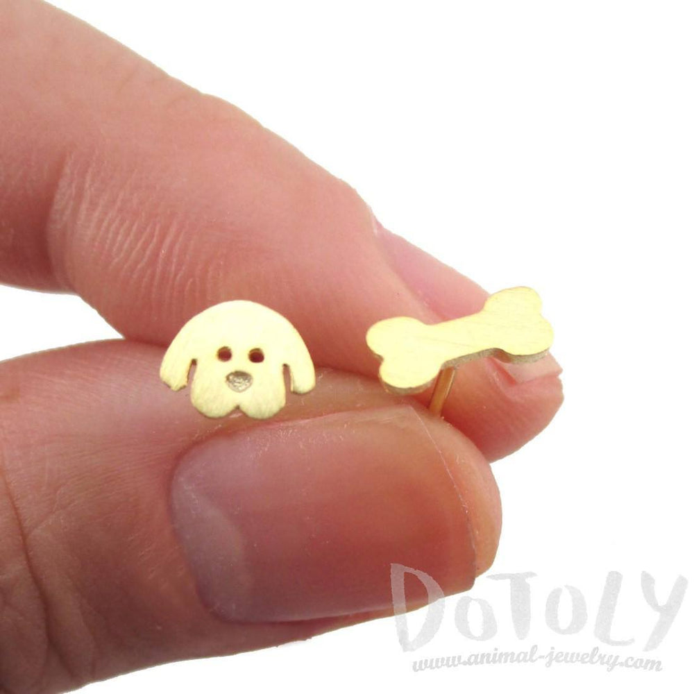 Cartoon Puppy Dog Face and Bone Shaped Stud Earrings in Gold | DOTOLY | DOTOLY