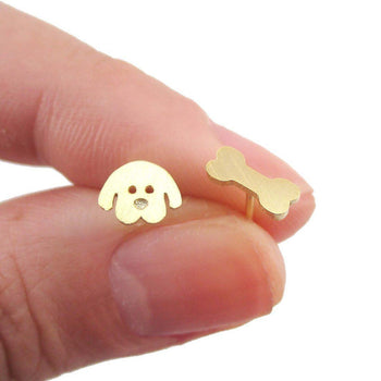 Cartoon Puppy Dog Face and Bone Shaped Stud Earrings in Gold | DOTOLY | DOTOLY