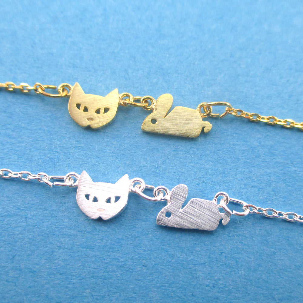 Cat and Mouse Shaped Charm Necklace in Gold or Silver for Cat Lovers