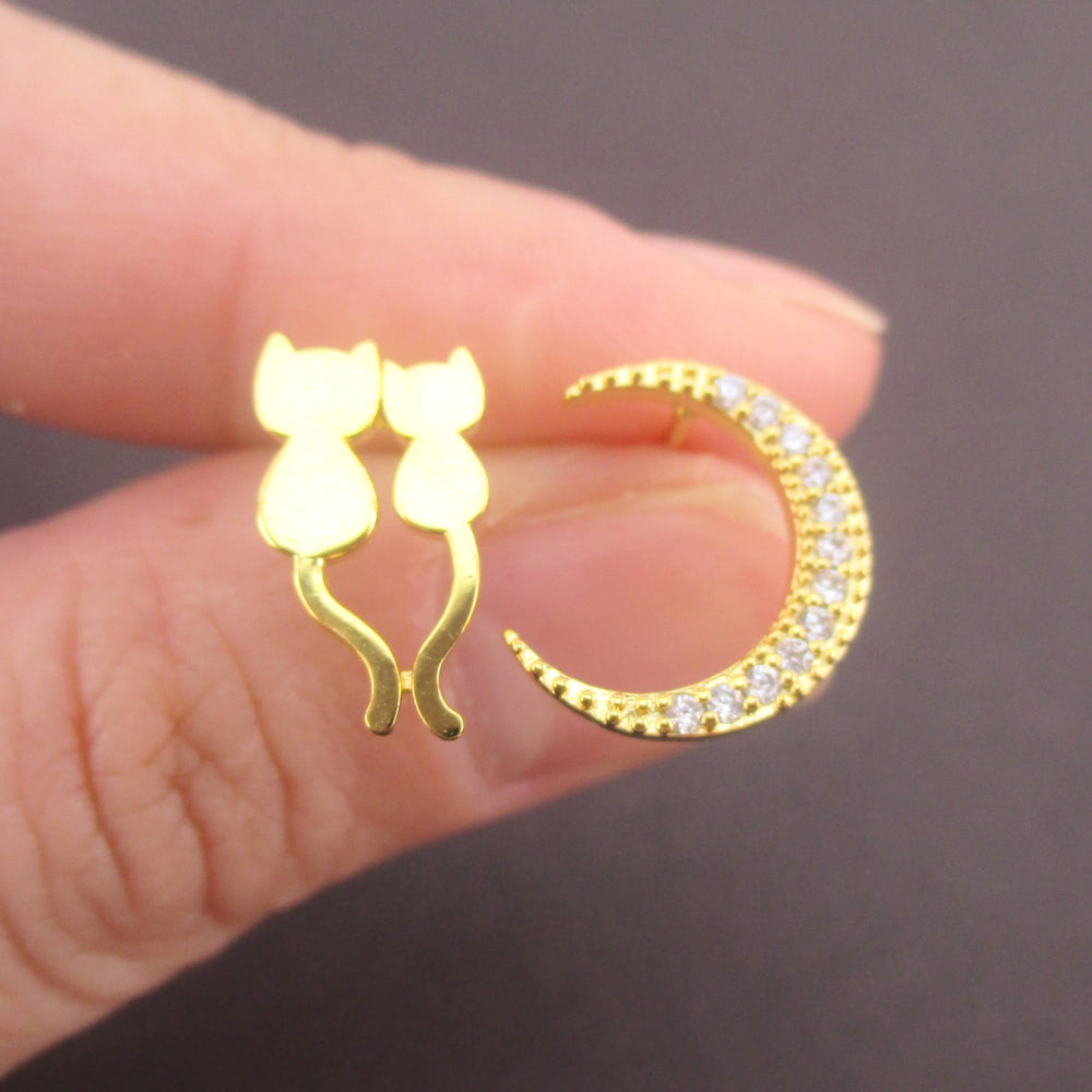 Cats in Love Crescent Moon Shaped Stud Earrings in Gold or Silver