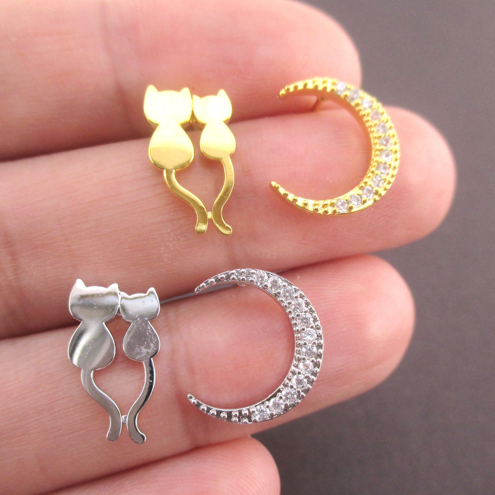 Cats in Love Crescent Moon Shaped Stud Earrings in Gold or Silver