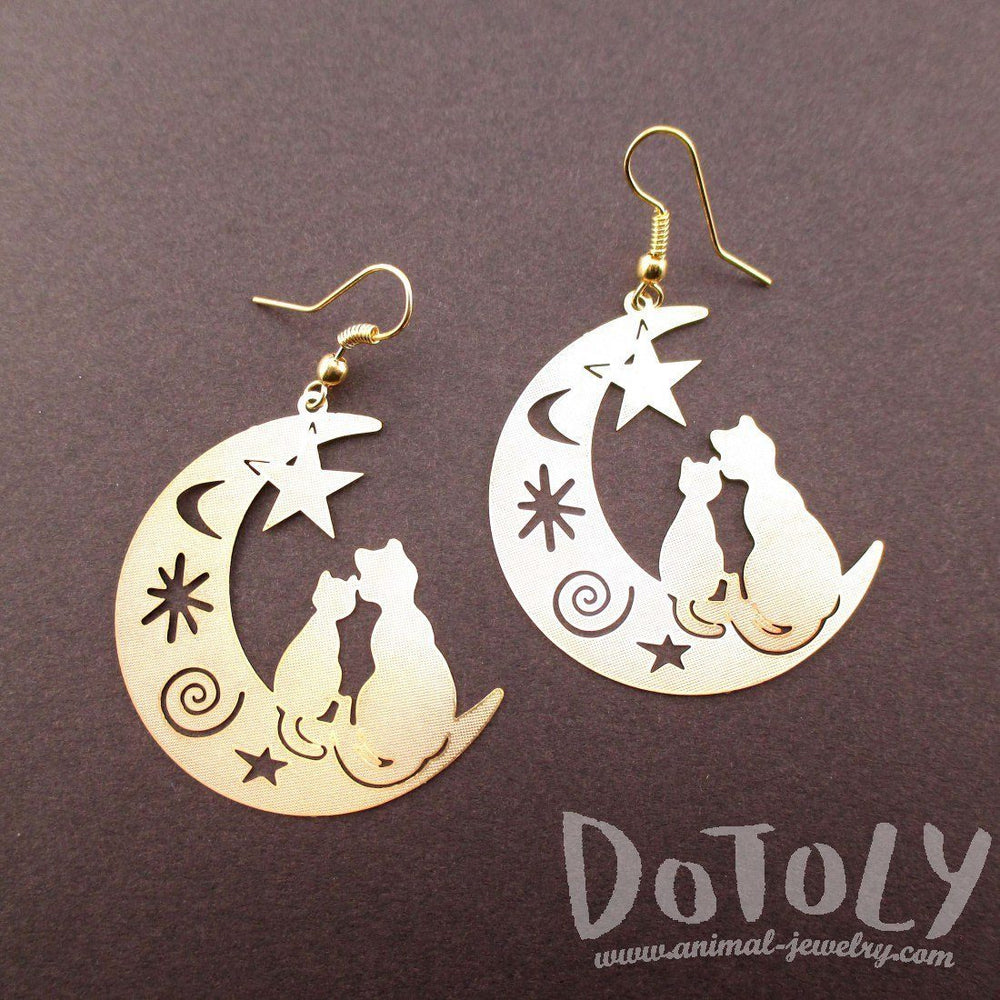 Cats on a Crescent Moon Cut Out Silhouette Shaped Dangle Earrings in Gold | Animal Jewelry | DOTOLY