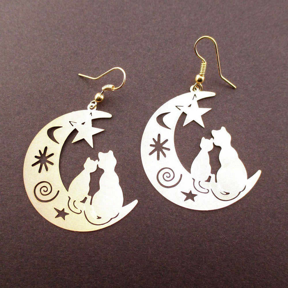 Cats on a Crescent Moon Cut Out Silhouette Shaped Dangle Earrings in Gold | Animal Jewelry | DOTOLY