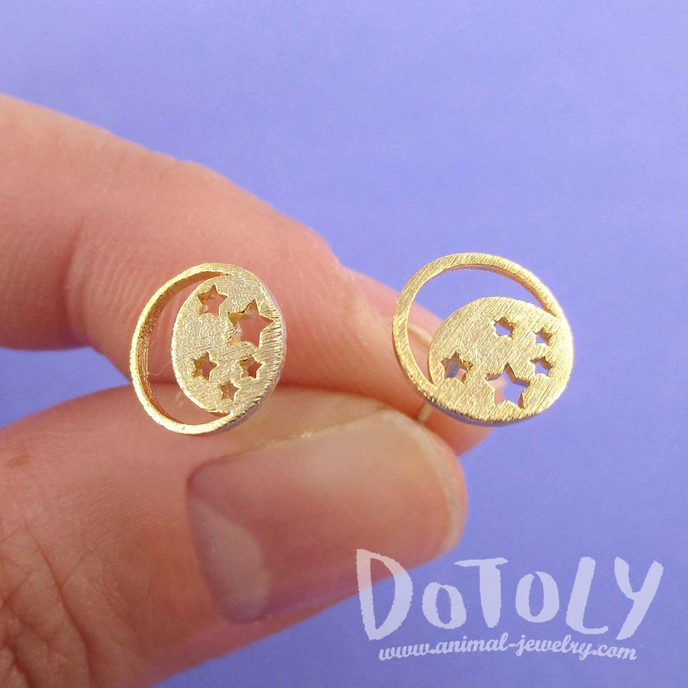 Celestial Crescent Moon and Stars Cut Out Shaped Stud Earrings in Gold