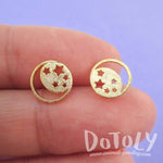 Celestial Crescent Moon and Stars Cut Out Shaped Stud Earrings in Gold