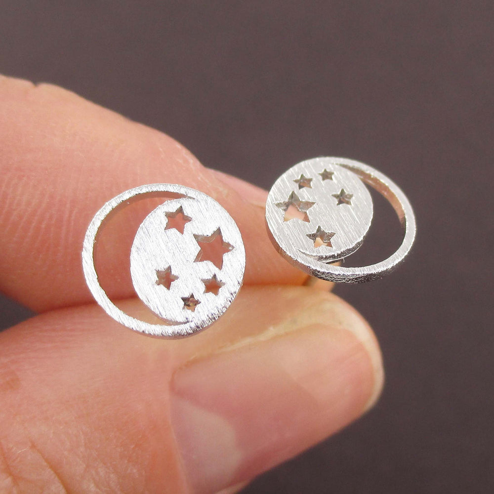 Celestial Crescent Moon and Stars Shaped Stud Earrings in Silver