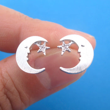 Celestial Sleepy Crescent Moon and Star Shaped Sterling Silver Stud Earrings