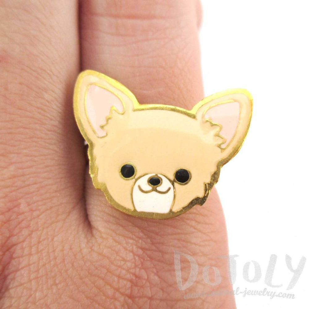 Chihuahua Puppy Face Shaped Adjustable Animal Ring in Tan | DOTOLY