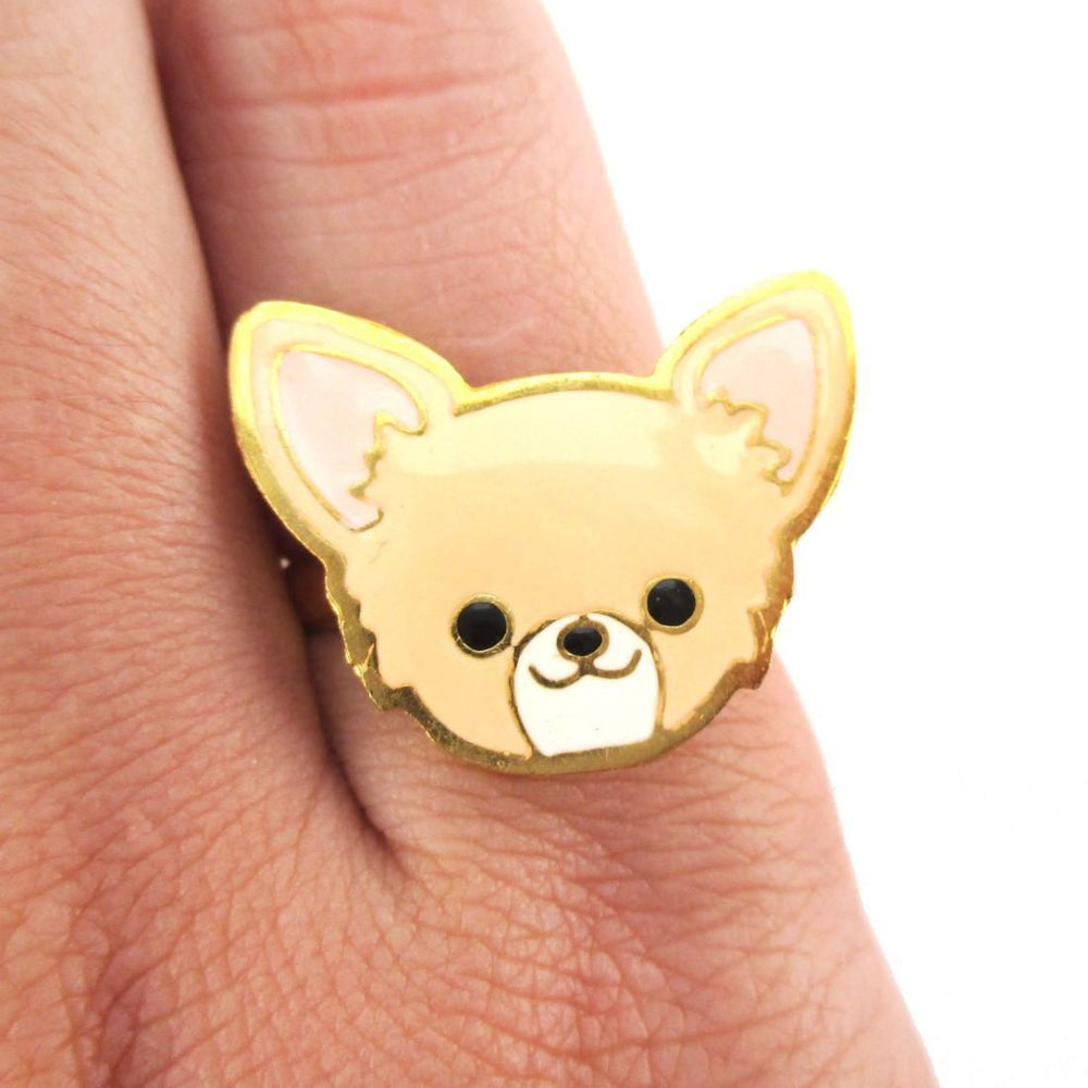 Chihuahua Puppy Face Shaped Adjustable Animal Ring in Tan | DOTOLY