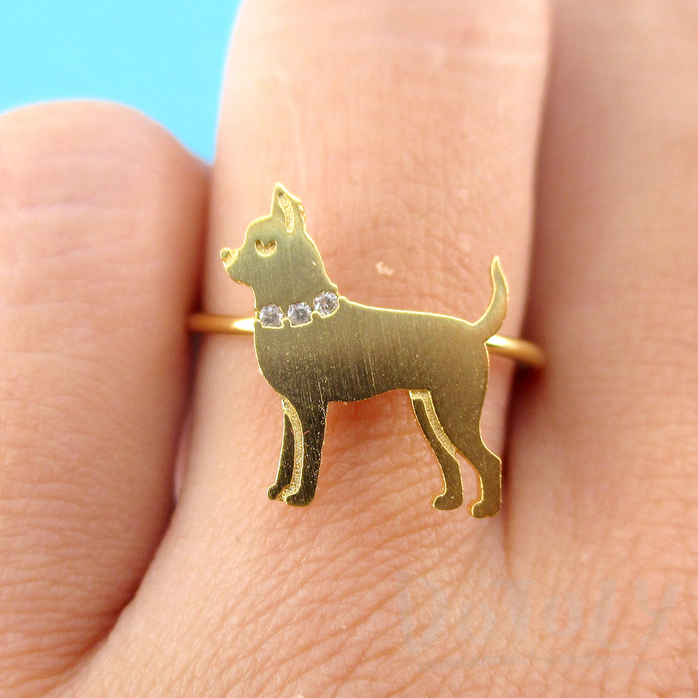 Chihuahua with Rhinestone Collar Shaped Adjustable Ring for Dog Lovers in Gold