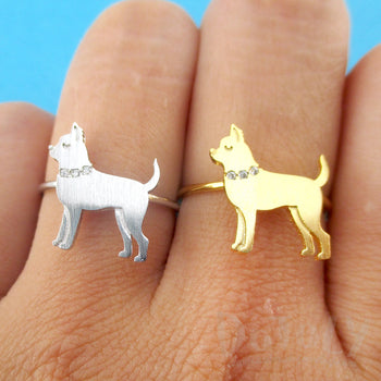 Chihuahua with Rhinestone Collar Shaped Adjustable Ring for Dog Lovers