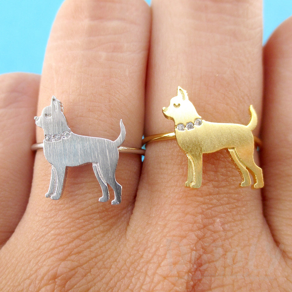 Chihuahua with Rhinestone Collar Shaped Adjustable Ring for Dog Lovers