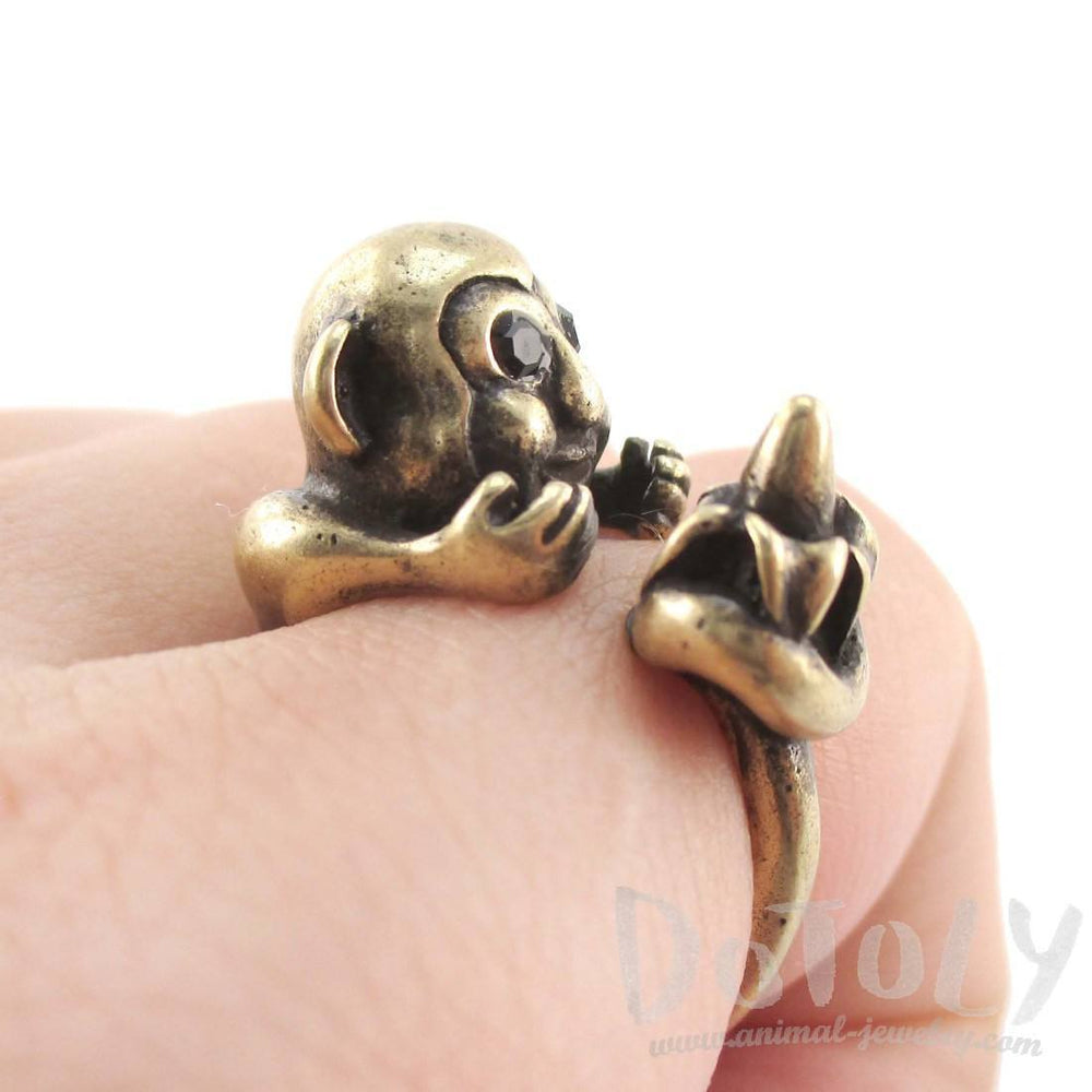 Chimpanzee Holding a Banana Animal Hug Ring in Brass | US Sizes 6 to 8