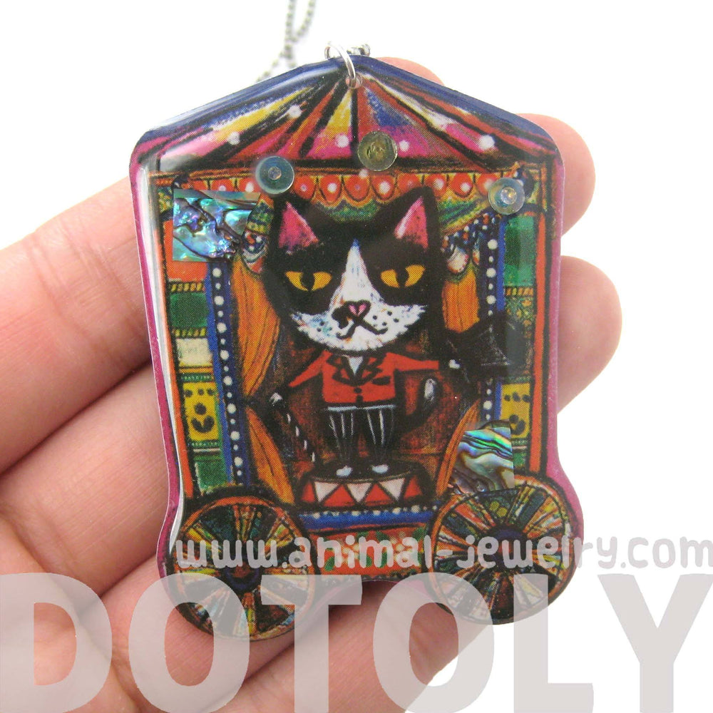 Circus Ringmaster Kitty Cat Shaped Illustrated Resin Pendant Necklace