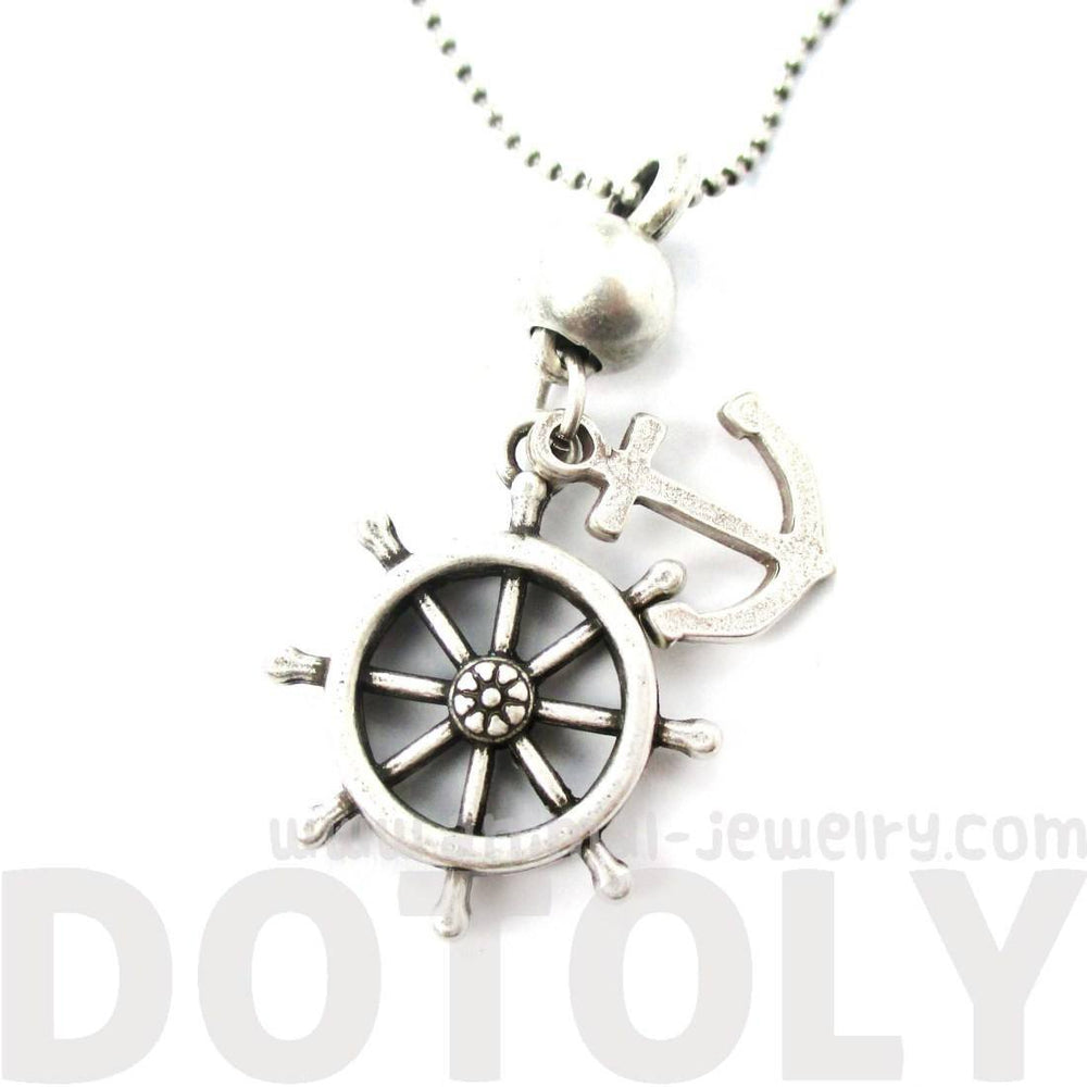Anchor and Helm Shaped Nautical Themed Pendant Necklace in Silver