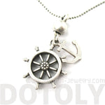 Anchor and Helm Shaped Nautical Themed Pendant Necklace in Silver