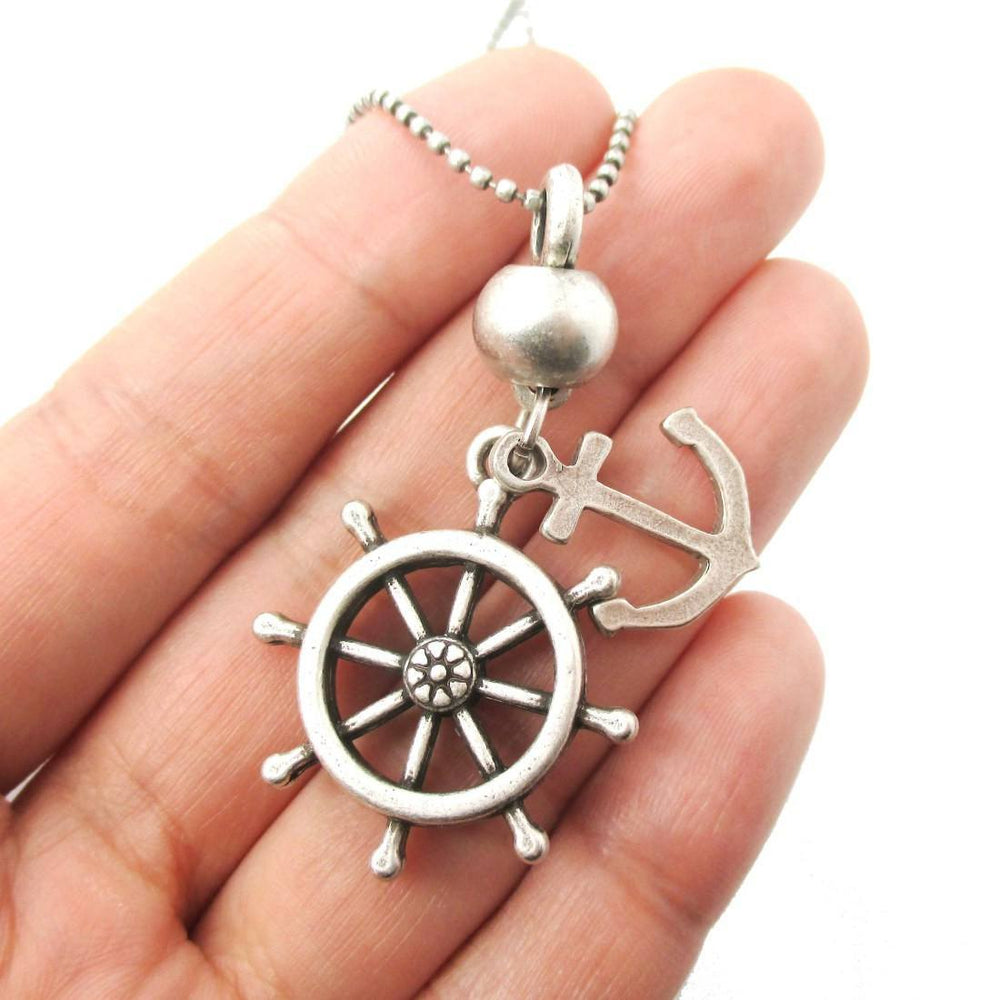 Anchor and Helm Shaped Nautical Themed Pendant Necklace in Silver