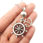 Anchor and Helm Shaped Nautical Themed Pendant Necklace in Silver
