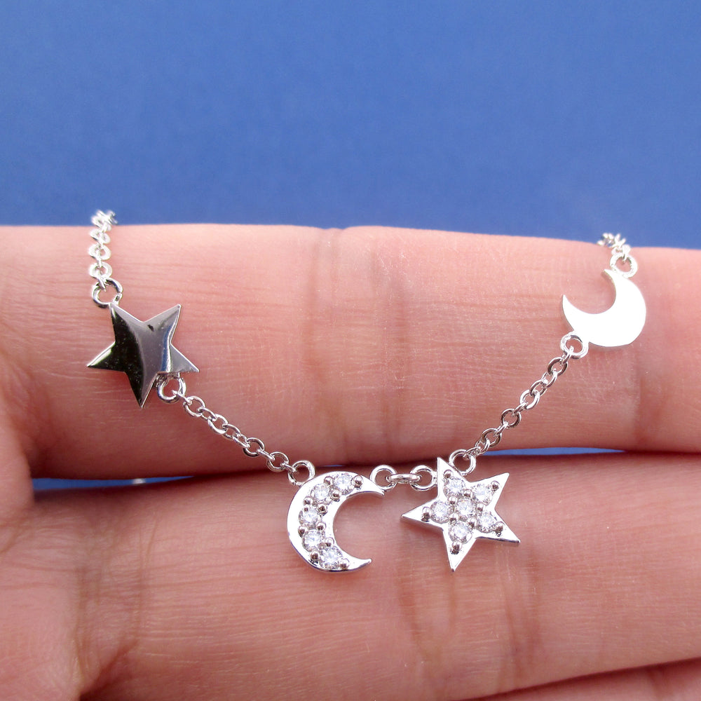 Classic Crescent Moon and Stars Shaped Rhinestone Choker Necklace