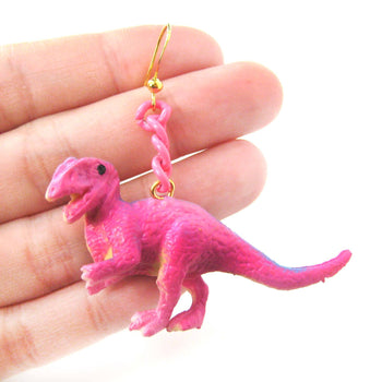 Classic Dinosaur Animal Figurine Shaped Dangle Earrings in Pink | DOTOLY