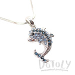 Classic Dolphin Shaped Pendant Necklace in Silver with Blue Rhinestones