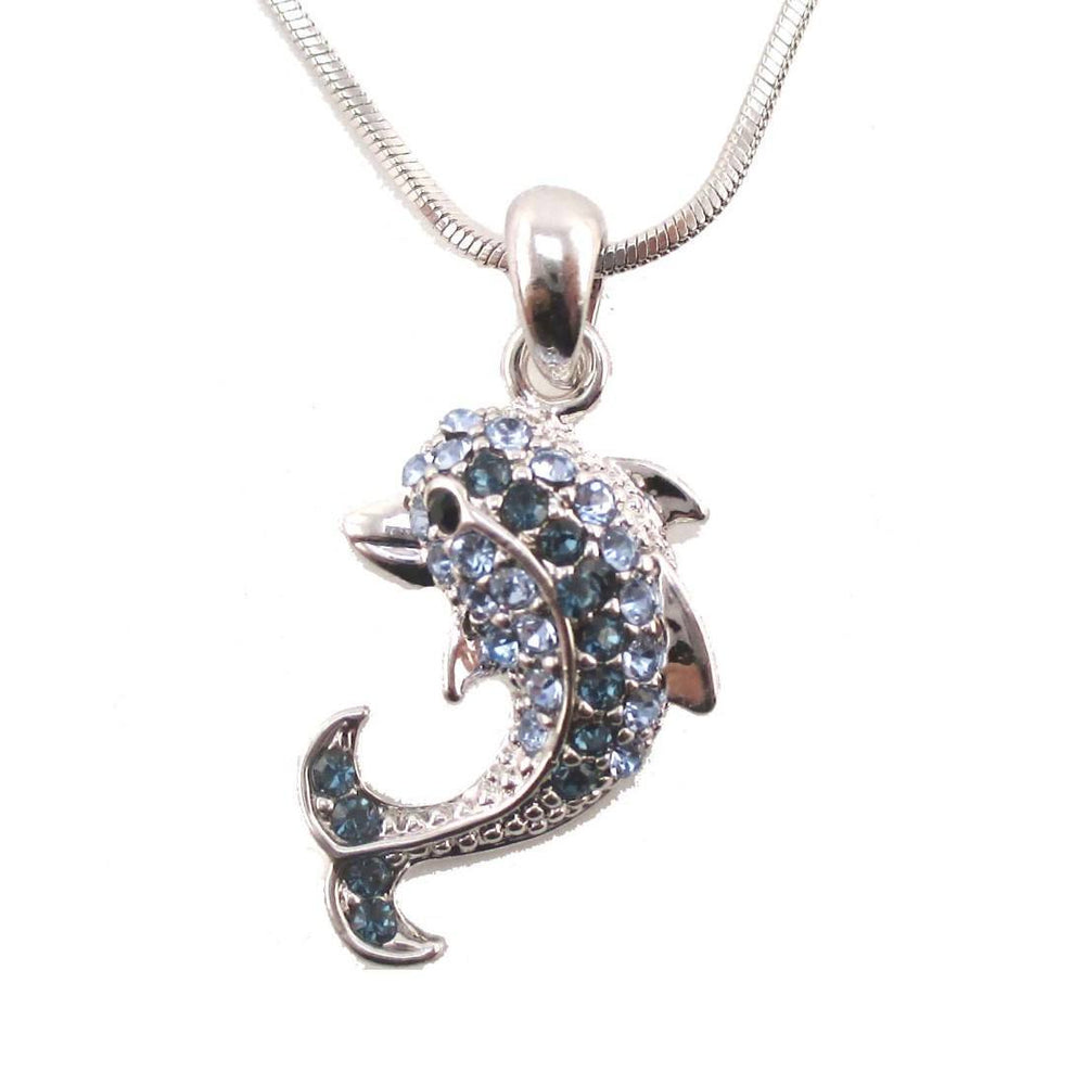 Classic Dolphin Shaped Pendant Necklace in Silver with Blue Rhinestone