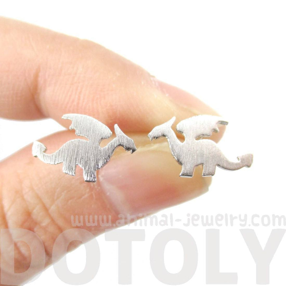 Classic Dragon Silhouette Shaped Allergy Free Stud Earrings in Silver | Animal Jewelry | DOTOLY