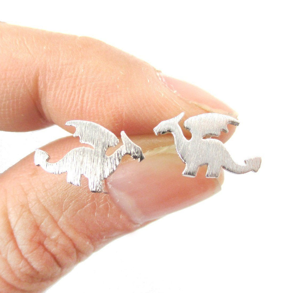 Classic Dragon Silhouette Shaped Allergy Free Stud Earrings in Silver | Animal Jewelry | DOTOLY