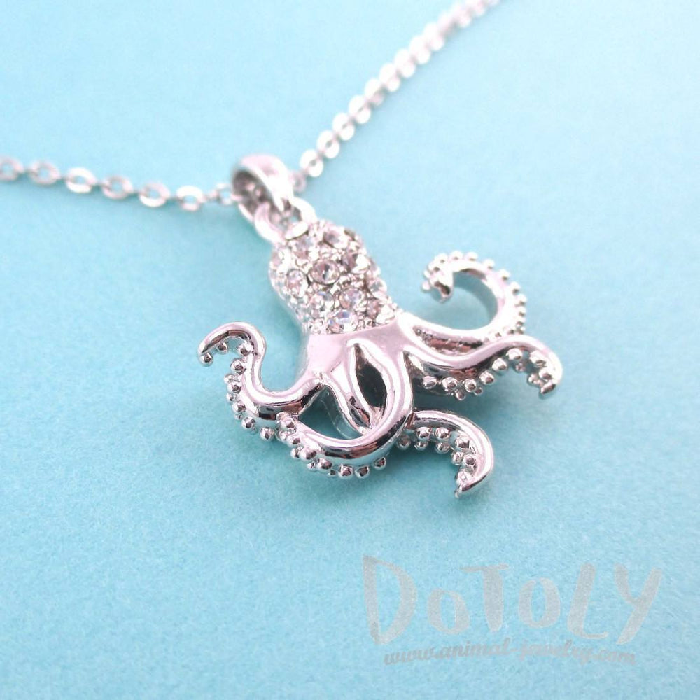 Classic Octopus Shaped Pendant Necklace in Silver with Rhinestones
