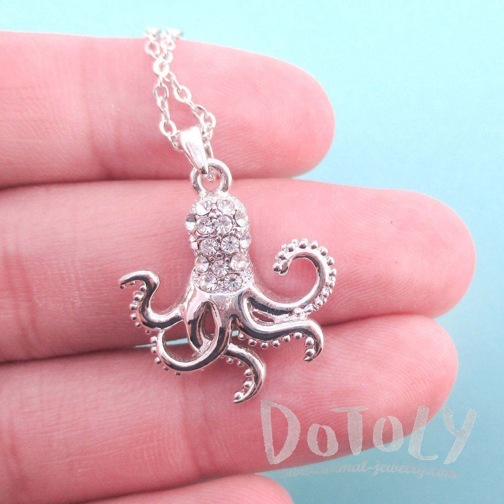 Classic Octopus Shaped Pendant Necklace in Silver with Rhinestones