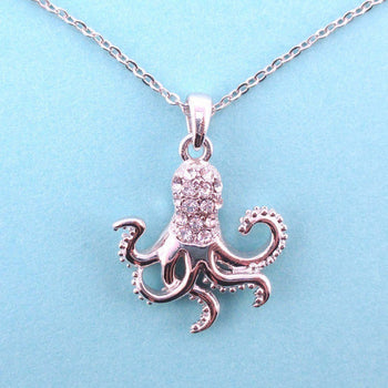 Classic Octopus Shaped Pendant Necklace in Silver with Rhinestones