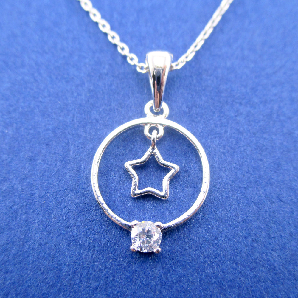 Classic Pretty Star Outline in Rhinestone Ring Shaped Pendant Necklace