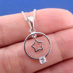 Classic Pretty Star Outline in Rhinestone Ring Shaped Pendant Necklace