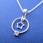 Classic Pretty Star Outline in Rhinestone Ring Shaped Pendant Necklace