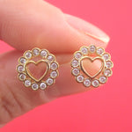 Classic Round Heart Shaped Stud Earrings Surrounded by Rhinestones