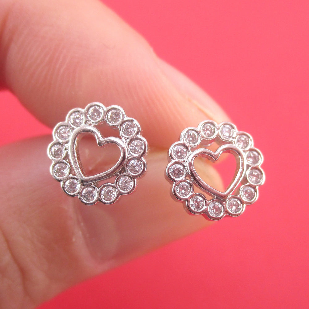 Classic Round Heart Shaped Stud Earrings Surrounded by Rhinestones