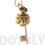 Classic Skeleton Key and Floral Pendant Star Charm Necklace in Bronze